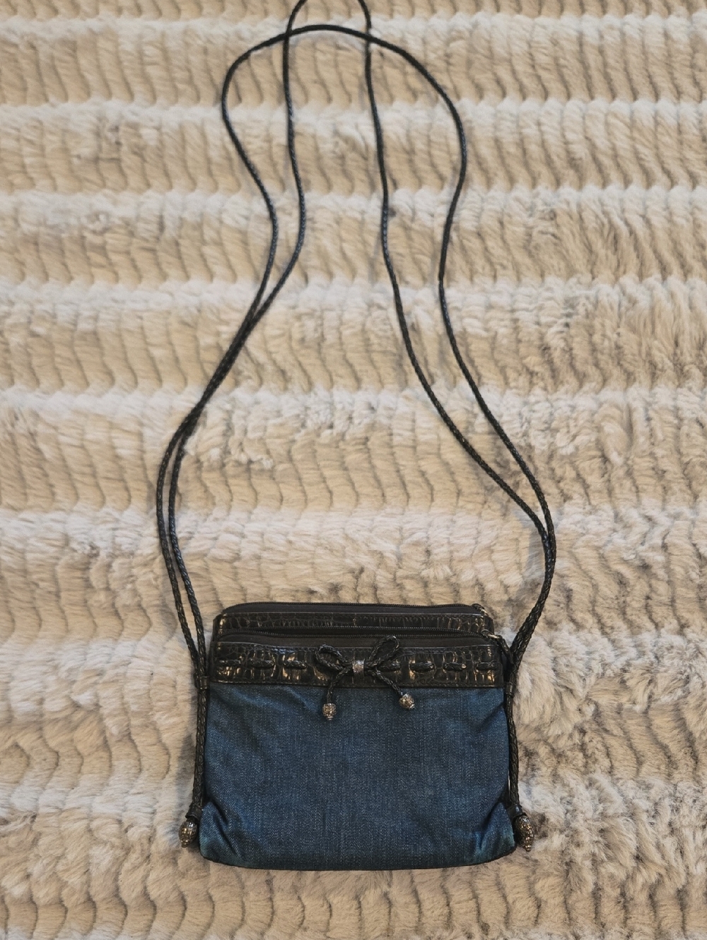 Brighton Denim And Black Leather Organizer Crossbody Purse